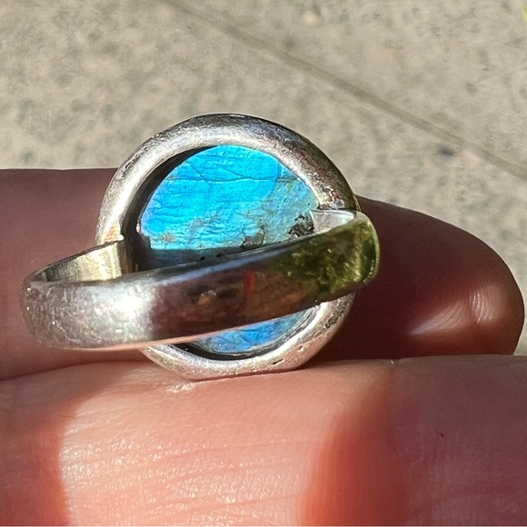 VINTAGE LARGE LABRADORITE CABOCHON RING 925 STERLING SILVER BLUE ETHEREAL GLOW